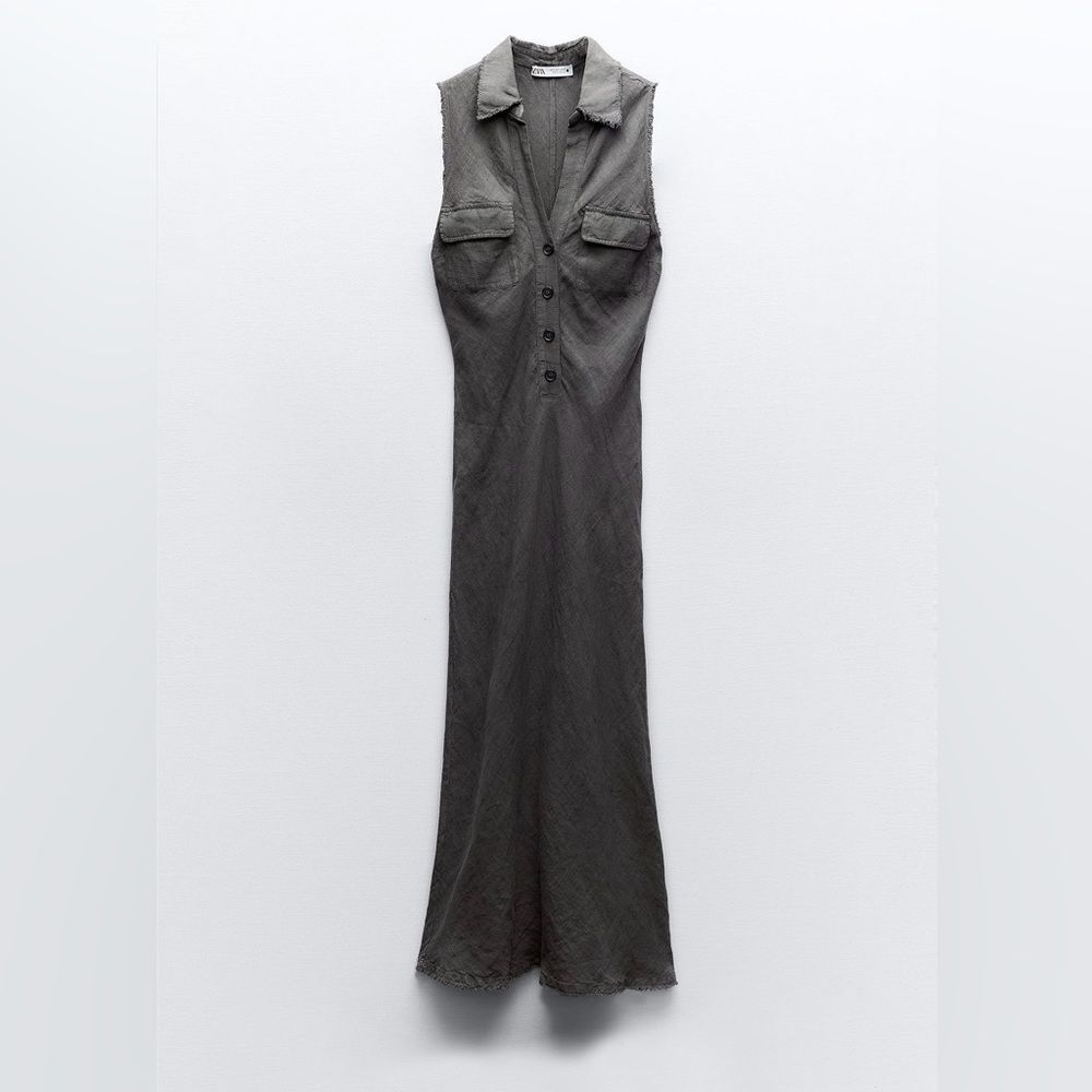 New ZARA LINEN SHIRTDRESS size XS S long Midi 100% linen Sleeveless V-neck dress - Picture 14 of 16